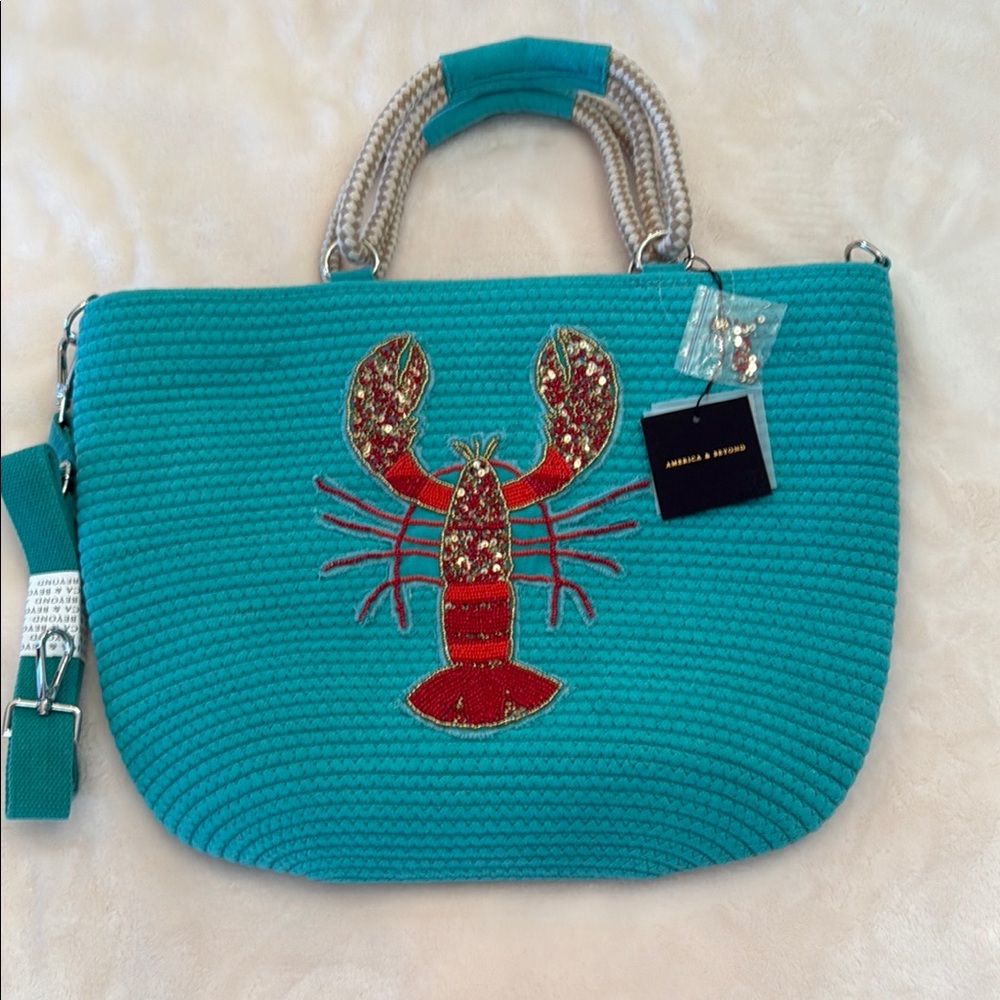 Artisan Aqua & Beige Lobster Embroidered Tote Bag